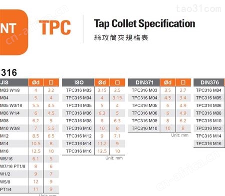 中国台湾安威丝攻筒夹扭力攻牙钻头丝锥夹头TPC316 TPC830 TPG875型号规格齐全