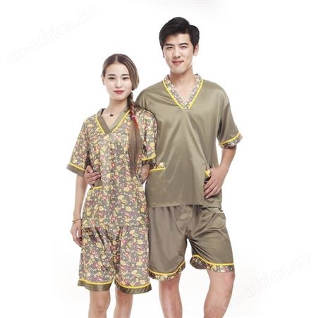 2018新款桑拿服全棉刺绣开衫浅黄色套装秋季养生会所桑拿服批发