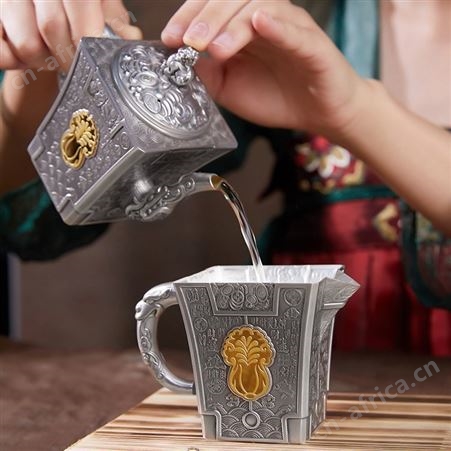 百财纳福 纯银999银茶具套装家用足银泡茶壶银茶杯 银制礼品