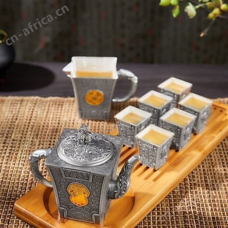 百财纳福 纯银999银茶具套装家用足银泡茶壶银茶杯 银制礼品