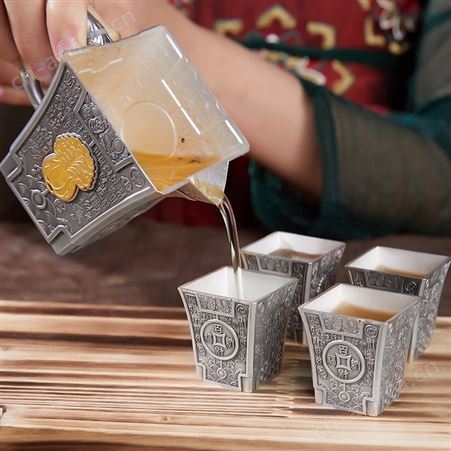 百财纳福 纯银999银茶具套装家用足银泡茶壶银茶杯 银制礼品