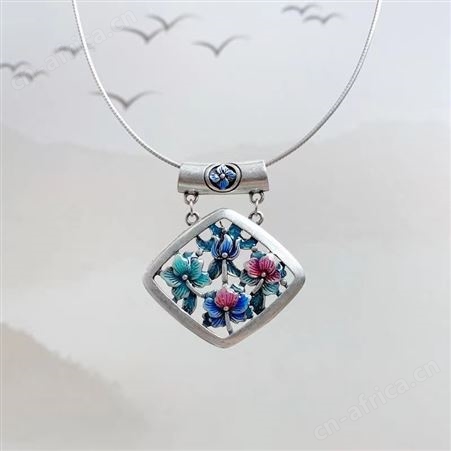 意轩民族风四方形花朵弯管烧蓝吊坠女花开富贵项链锁骨链复古风