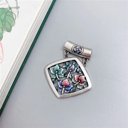 意轩民族风四方形花朵弯管烧蓝吊坠女花开富贵项链锁骨链复古风