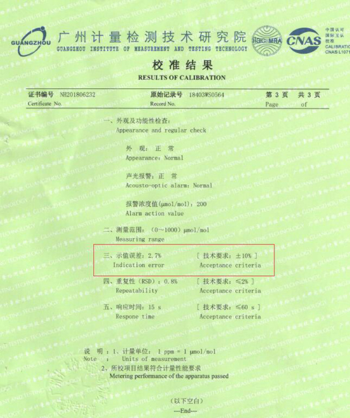 氨气检测仪计量校准报告